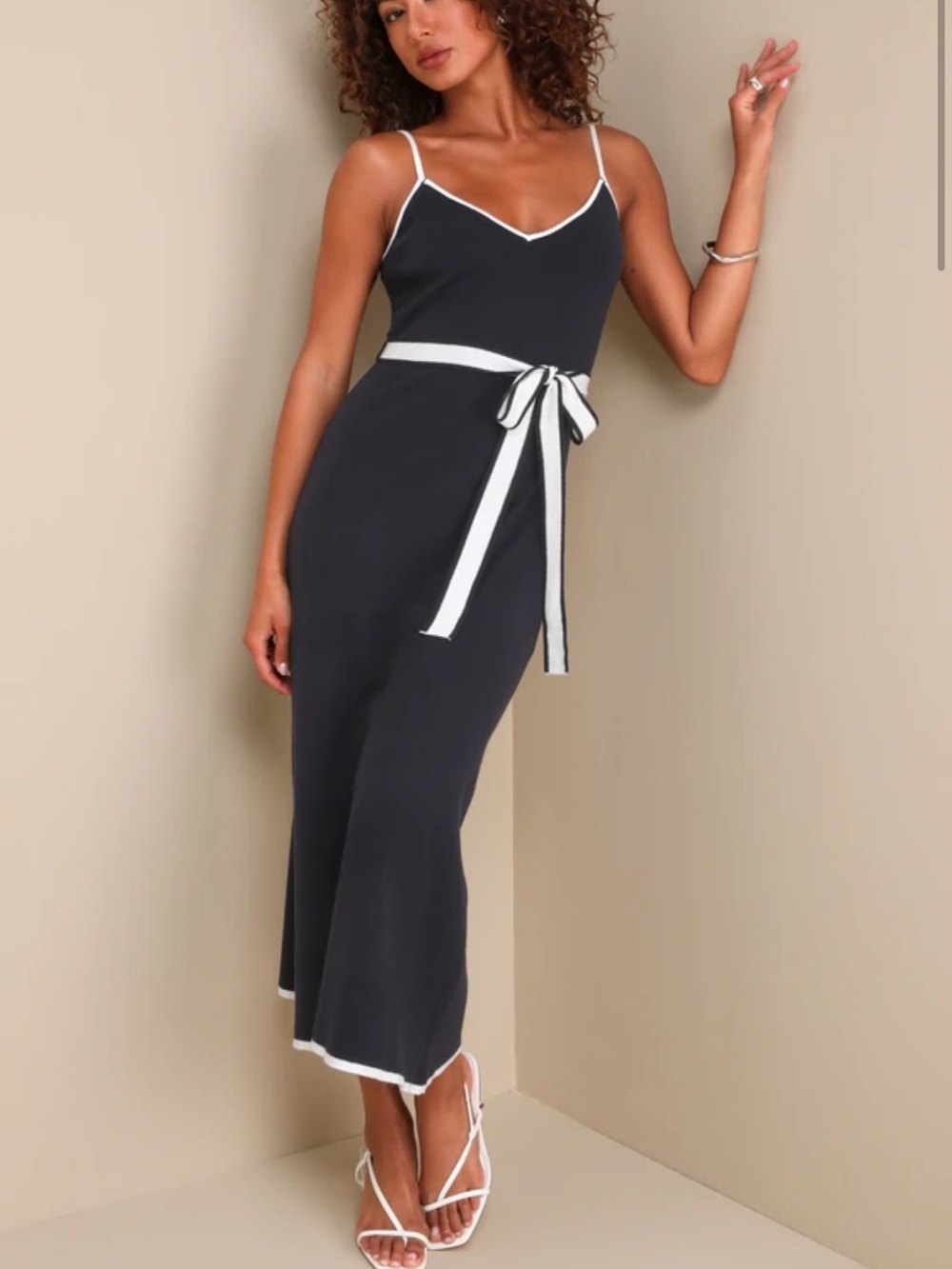 Navy Midi Dress with White Trim and Tie